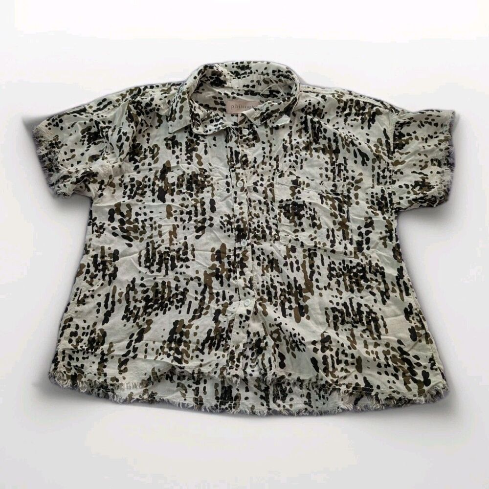 Philosophy Shirt Womens Sz Med White Brown Abstract Button Up Top Short Sleeve